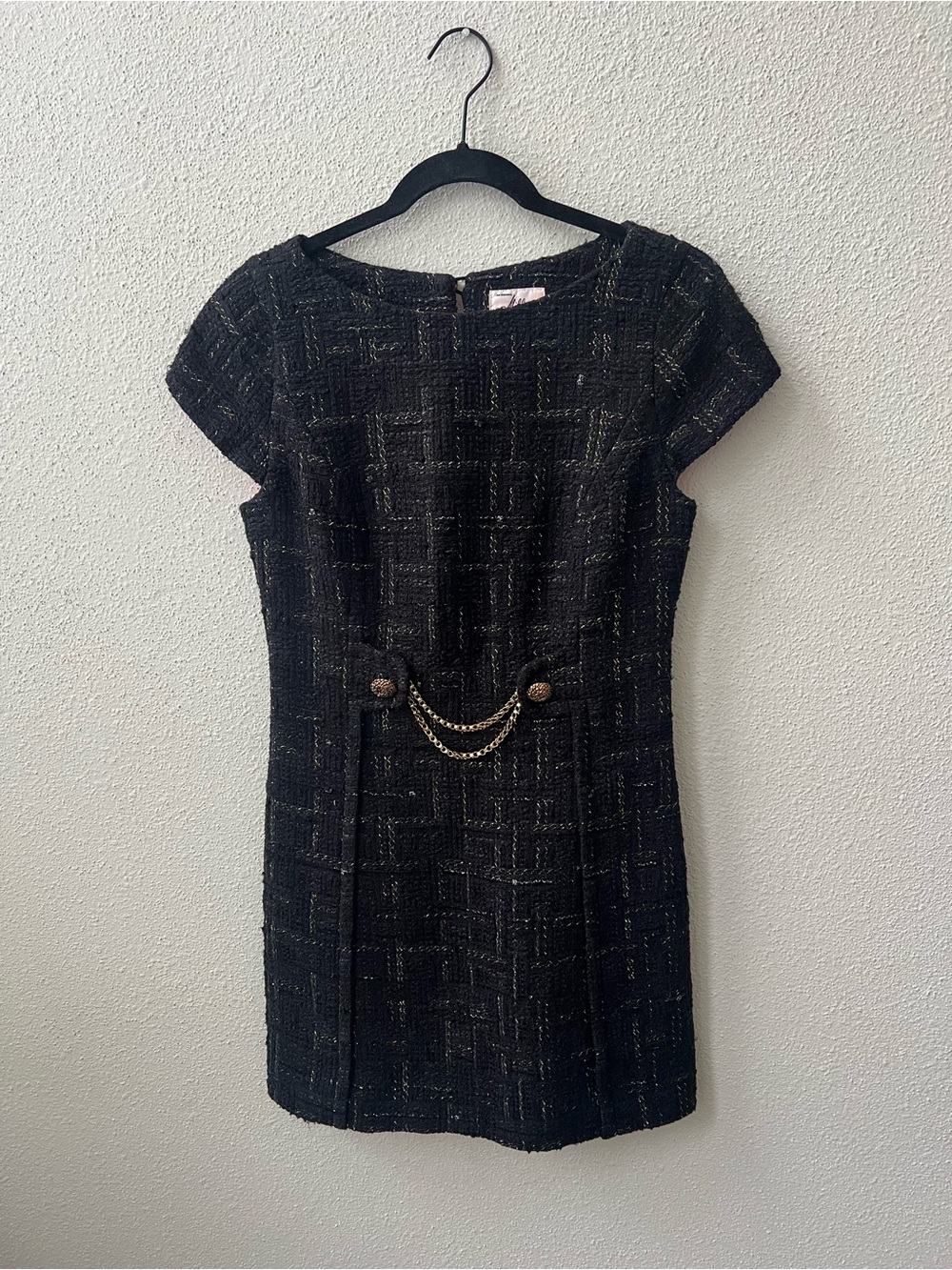 Milly Black Tweed Mini Dress with Gold Chain Detail